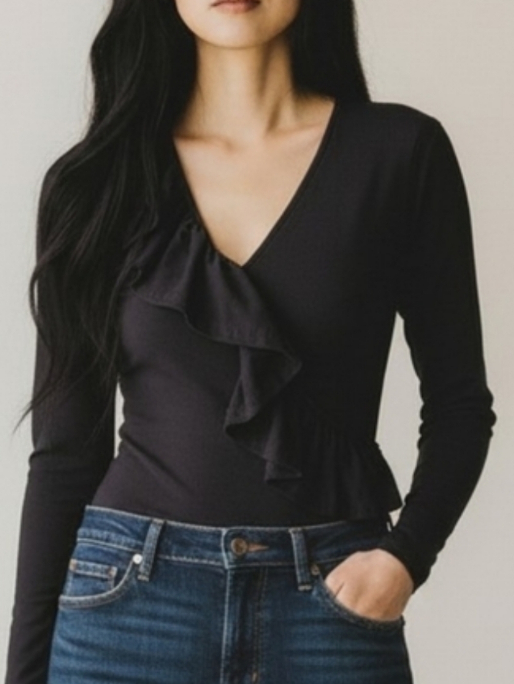 J. Crew Black Ruffle Cotton Bodysuit S